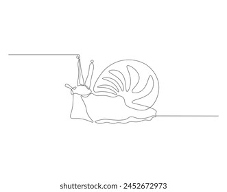 Continuous line drawing of snail. One line of escargot. Shelled animal concept continuous line art. Editable outline.