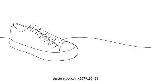 Continuous line drawing of a sneaker with laces. Minimal vector illustration of casual footwear for fashion, clothing, accessories, sports, and shoe design template.