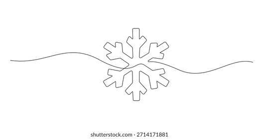 Continuous line drawing snowflake icon. One line drawing minimalist winter symbol to depict cold weather, ice, purity, symmetry, and seasonal design.