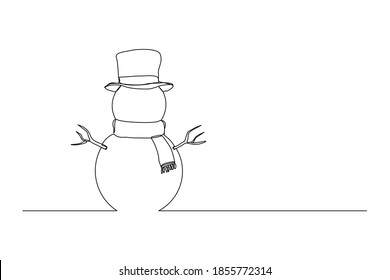 Continuous line drawing of snowman christmas and new year. One line art concept of christmas and happy new years greeting card. Vector illustration