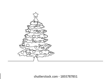 Continuous line drawing of snowman christmas tree with decoration. One line art concept of winter christmas and new year greeting card. Vector illustration