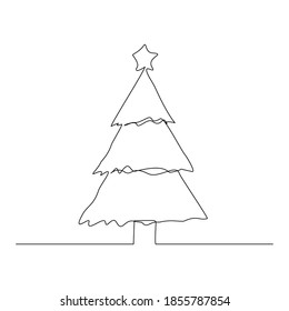 Continuous line drawing of snowman christmas tree with decoration. One line art concept of winter christmas and new year greeting card. Vector illustration