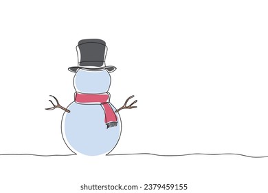 Dibujo continuo de la Navidad de los hombres de nieve y el año nuevo. Concepto de arte de una línea de Navidad y tarjeta de felicitación de años nuevos felices. Ilustración vectorial.