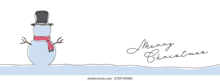 Desenho de linha contínua de boneco de neve Natal e ano novo. Uma linha de arte conceito de Natal e feliz ano novo cartão de saudação. Ilustração vetorial.