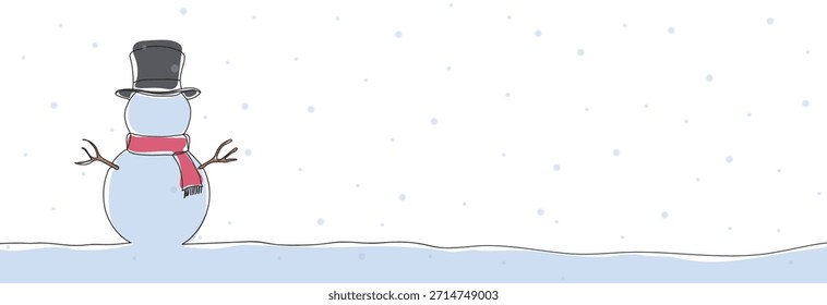 Continuous line drawing of snowman Christmas and new year. One line art concept of Christmas and happy new years greeting card. Vector illustration.