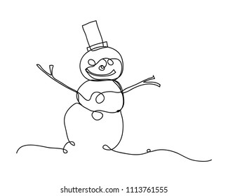 continuous line drawing of a snowman, winter, Christmas, vector illustrations.