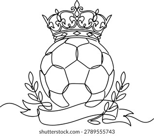 Continuous line drawing of a soccer ball with crown symbolizing league champion and football excellence, line art vector illustration.