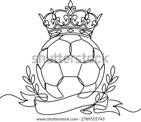 Continuous line drawing of a soccer ball with crown symbolizing league champion and football excellence, line art vector illustration.