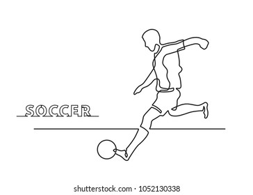 Continuous line drawing of soccer player kicking a ball. Vector illustration