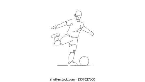 Continuous line drawing of a soccer player kicking the ball