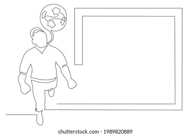Continuous line drawing soccer player top view. The head hits the ball. Successful goal concept. Frame for text.