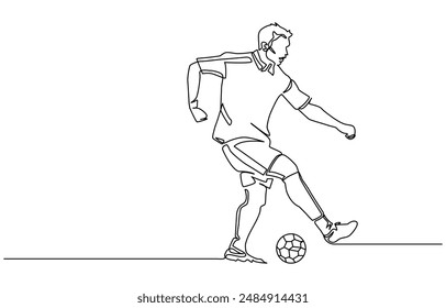 continuous line drawing of soccer player shooting illustration, one line drawing of man shooting football vector illustration for advertising, celebration ,document, application, website, web, mobile