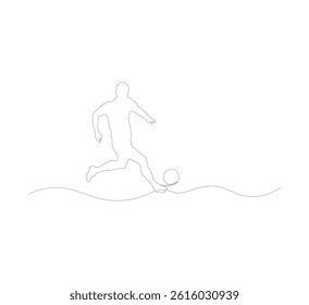 Continuous line drawing of a soccer player kicking a ball. Single line drawing template of a young man playing soccer, vector illustration on white background