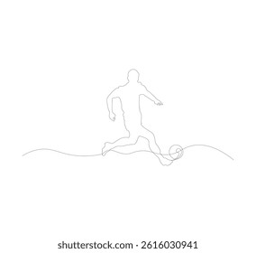 Continuous line drawing of a soccer player kicking a ball. Single line drawing template of a young man playing soccer, vector illustration on white background