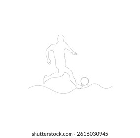 Continuous line drawing of a soccer player kicking a ball. Single line drawing template of a young man playing soccer, vector illustration on white background