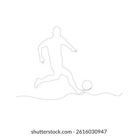 Continuous line drawing of a soccer player kicking a ball. Single line drawing template of a young man playing soccer, vector illustration on white background