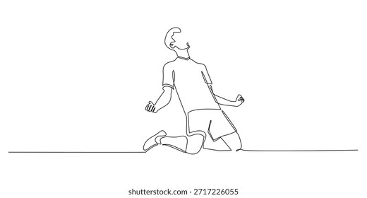 Kontinuierliche Linienzeichnung eines Fußballspielers, der ein Tor feiert. Ausdruck von Sieg, Geist und Teamgeist. Die einzeilige Illustration eignet sich perfekt für Themen wie Fußball, Erfolg und Wettbewerb.