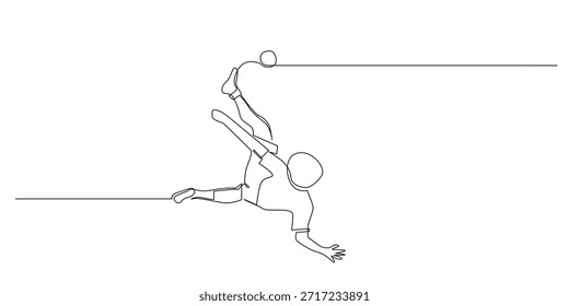 Continuous line drawing of a soccer player performing a bicycle kick to strike the ball, expressing agility, strength, and spectacular athletic motion. Single line illustration suitable for football action, sports, and competition themes.