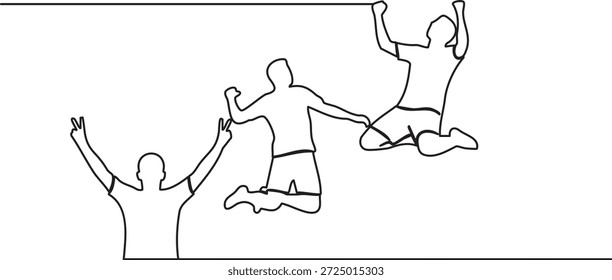 Dibujo continuo de jugadores de fútbol celebrando juntos una victoria de gol