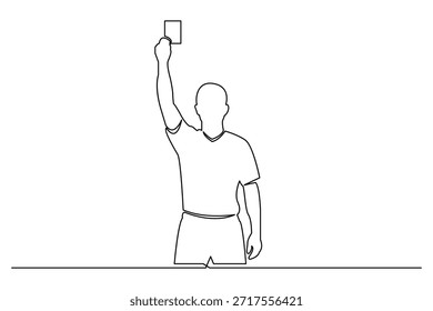 Dibujo de línea continuo de un árbitro de fútbol mostrando una tarjeta para una falta