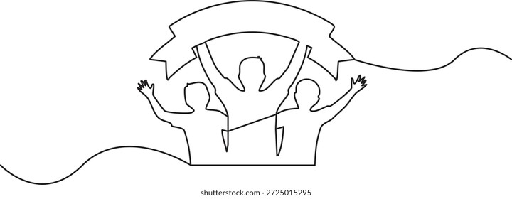 Continuous line drawing of soccer supporters cheering with a blank banner at a sports event