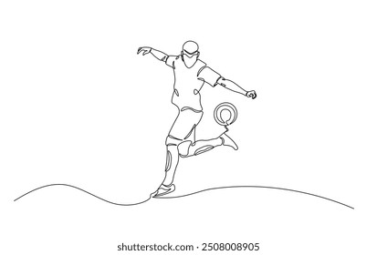 Continuous line drawing of soccerball player kicking ball. Football player in simple outline illustration. 