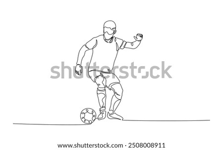 Continuous line drawing of soccerball player kicking ball. Football player in simple outline illustration. 