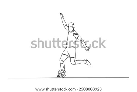 Continuous line drawing of soccerball player kicking ball. Football player in simple outline illustration. 