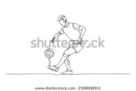 Continuous line drawing of soccerball player kicking ball. Football player in simple outline illustration. 