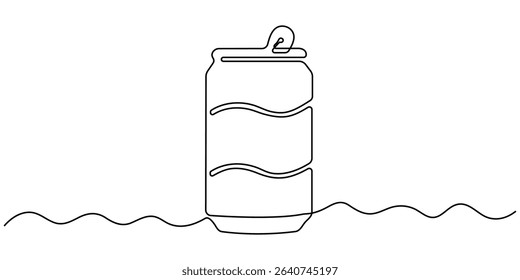 Continuous line drawing of soda aluminum can. One line of aluminum can, A can drawing in one line.Continuous line drawing of soda aluminum.