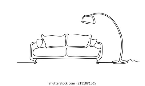 Durchgehende Linienzeichnung von Sofa und Lampe. Eine Linie des Innenraums Wohnzimmer mit modernen Möbeln. Einzelne Möbel. Handziehen des Sofas. Doodle, Vektorgrafik. Vorderansicht