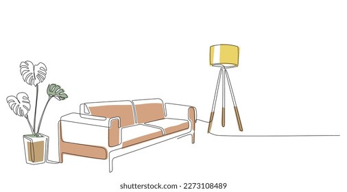 Continuous line drawing of sofa, lamp and plant with abstract color shapes. One line interior Living room with modern furniture. Single line element Hand draw contour of indoor Doodle illustration