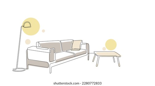 Continuous line drawing of sofa, lamp and table. One line interior Living room with modern furniture and abstract color shapes. Single line element Hand draw contour of indoor Doodle illustration