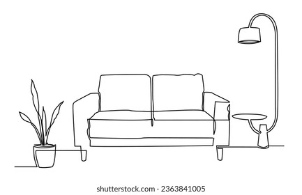 Kontinuierliche Zeichnung von Sofa und Lampe mit Bodenlampe und Pflanze.Einzeilige Inneneinrichtung Wohnzimmer mit modernen Möbeln. Einzellinienelement Hand ziehen Sie die Kontur der Innendoodle-Illustration.
