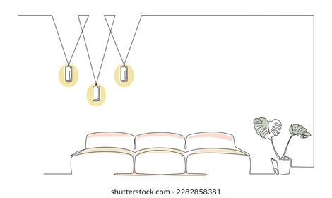 Continuous line drawing of sofa, light lampshades, plant with abstract color shapes. One line interior Living room with modern furniture. Single line element Hand draw contour of indoor Vector