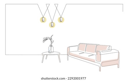 Continuous line drawing of sofa, light lampshades, plant on table with abstract color shapes. One line interior Living room with modern furniture. Single line element Handdraw contour of indoor Vector