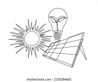 Continuous line drawing solar panel, sun and light bulb, symbol for solar energy. Can used for logo, emblem, slide show and banner. Illustration with quote template.Order a banner for one line drawing