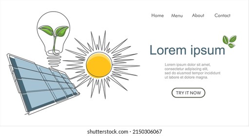 Continuous line drawing solar panel, sun and light bulb, symbol for solar energy. Can used for logo, emblem, slide show and banner. Illustration with quote template.Order a banner for one line drawing