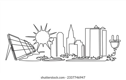 Continuous line drawing solar panel, sun, plug and city, symbol for solar energy.Can used for logo, emblem, slide show and banner. Order a banner for one line drawing