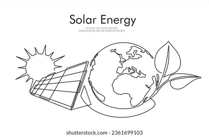 Continuous line drawing solar panel, sun, plug and globe, symbol for solar energy.Can used for logo, emblem, slide show and banner. Order a banner for one line drawing