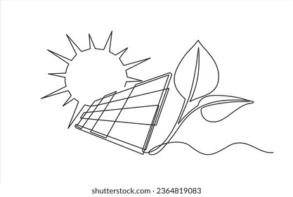 Continuous line drawing solar panel, sun and plant, symbol for solar energy.Can used for logo, emblem, slide show and banner. Order a banner for one line drawing