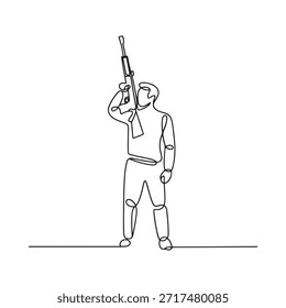 Desenho de linha contínua de um soldado segurando um rifle acima de sua cabeça
