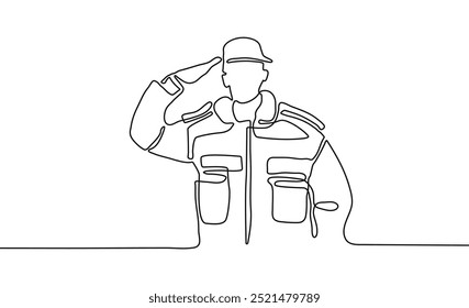 Linha contínua Desenho de um Soldado Salutando em Uniforme, Uma ilustração minimalista de uma linha. Uma linha Desenho minimalista de um Soldado Salutando em ilustração vetorial uniforme