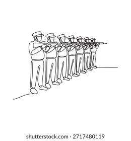 Dibujo de línea continuo de soldados en formación con rifles en blanco y negro
