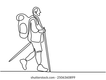 Continuous Line Drawing of a Solo Hiker with a Stick Climbing a Mountain. One Line Art of a Backpacker Ascending the Peak.