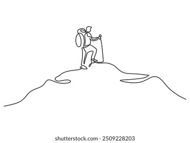 Kontinuierliche Linienzeichnung eines Solo-Wanderers auf dem Berggipfel, mit einem Stock beim Klettern. Stellt einen Backpacker in einem minimalistischen Kunststil dar.