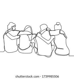 Continuous line drawing of some friends are hugging and celebrating as a group isolated on a white background. the concept of having fun with friends and hugging each other