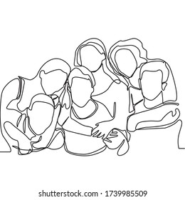 Continuous line drawing of some friends are hugging and celebrating as a group isolated on a white background. the concept of having fun with friends and hugging each other
