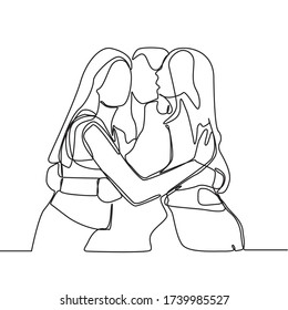 Continuous line drawing of some friends are hugging and celebrating as a group isolated on a white background. the concept of having fun with friends and hugging each other