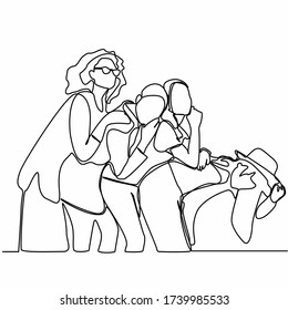 El contínuo dibujo de algunos amigos se está abrazando y celebrando como un grupo aislado en un fondo blanco. el concepto de divertirse con los amigos y abrazarse entre ellos